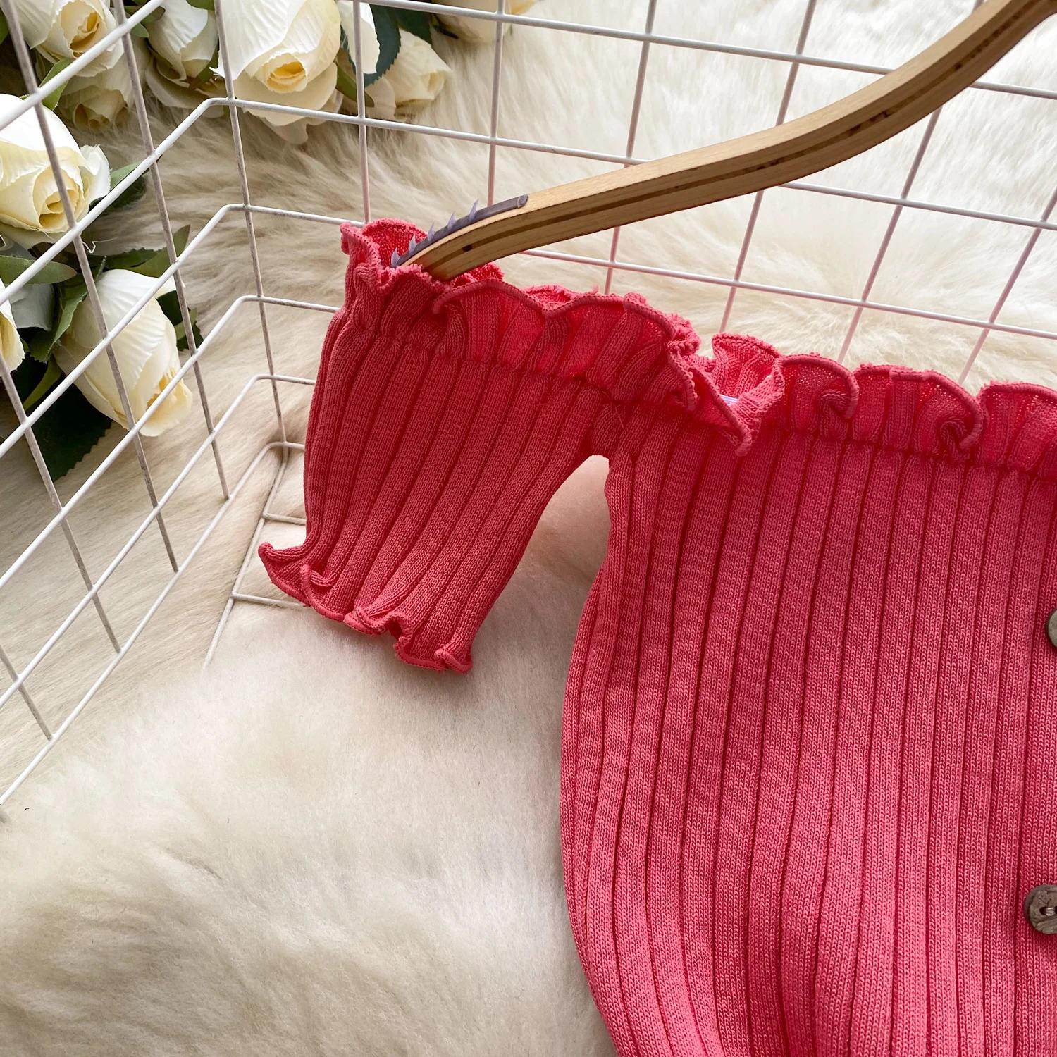 2025 Pink Solid Button Front spaghetti Dress Sexy Knitted Slant Neck Mini Body Clothing Ruffles 250402m