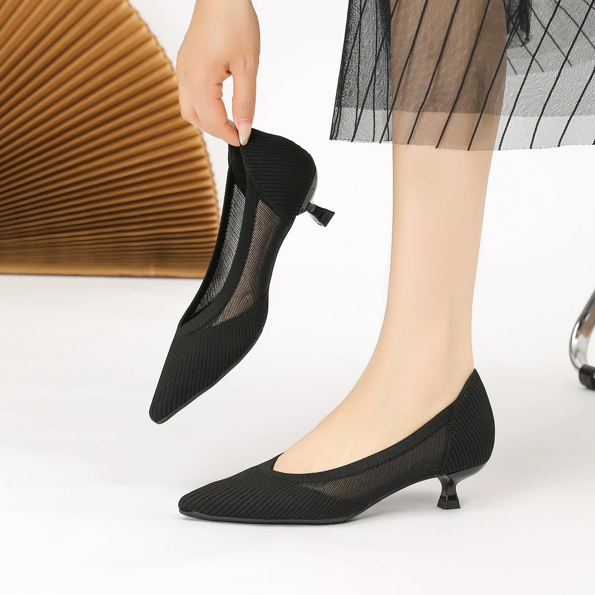 Womens high heels knitted breathable mesh fashionable and comfortable lightweight shoes for spring summer 250402BJ - view 5