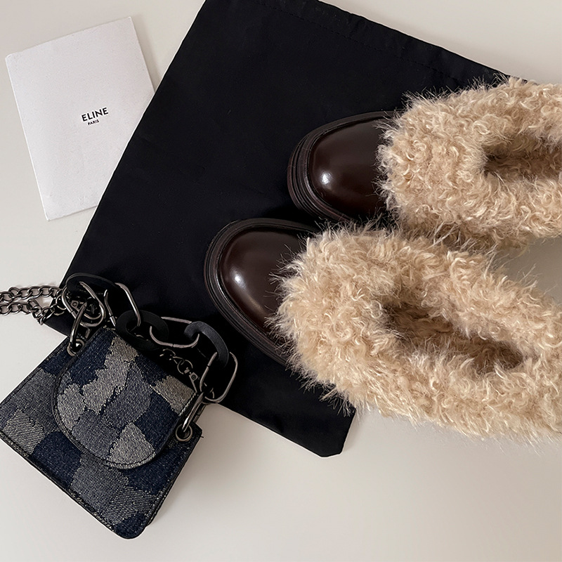 Cowhide version ~ square toe plush Mary Jane single shoes women's winter new pump-mouth thick-heeled sweet leather shoes