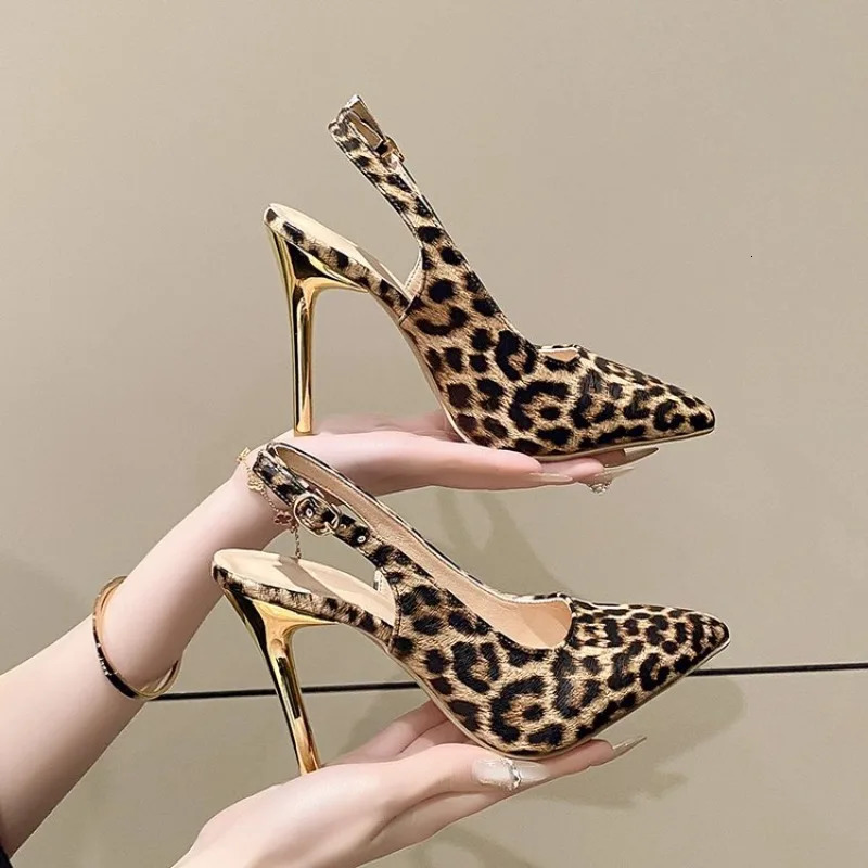 Leopard Print Pointed Toe Office Lady Shoes Autumn Shallow Stilettos Large Size Ankle Strap Women High Heels Pumps 251030