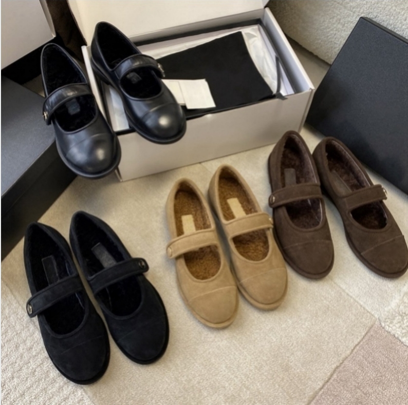 Ballet Fashion Luxury Designer Mary Jane Suede Fur Slipper Warm Wool Dress Shoes Womens Casual Round Toe Ballet Flats Heel Elastic Ankle Strap Party Loafers Eur35-40