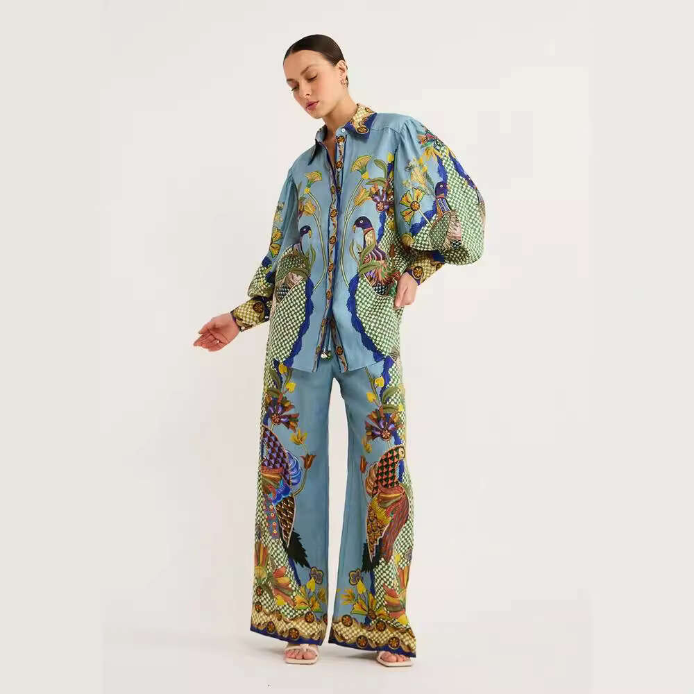 European American Fashion Personalized Printed Bubble Sleeve Vacation Leisure Rope Set for Women 2025 New Style, Unique and Elegant Clothing
