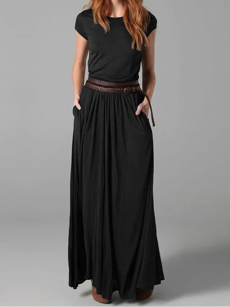 Plus size retro round neck dress short sleeved minimalist casual summer womens bag pleated long skirt 2024 250402m