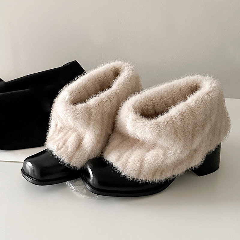 2025 Cowhide version ~ square toe high heel wool boots plush warm retro boots plush snow boots women's versatile cotton shoes