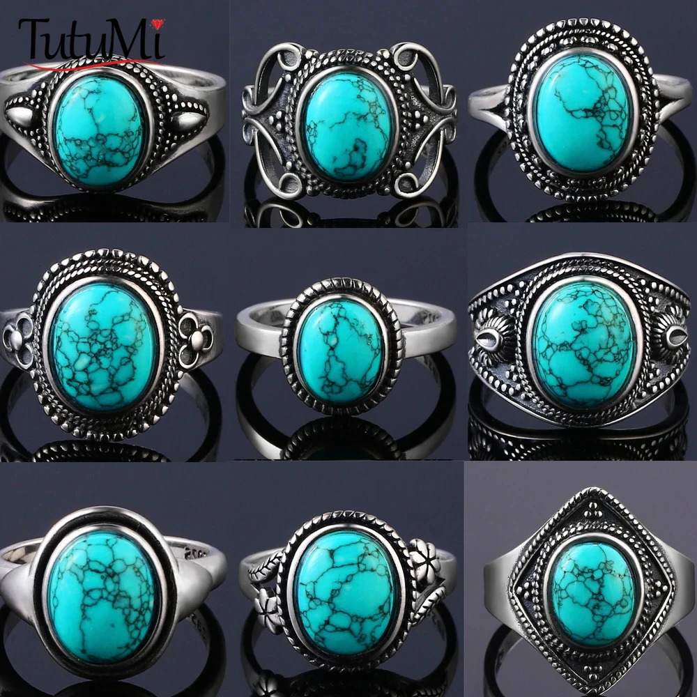 S925 Sterling Silver Vintage Ring With Natural Turquoise Stone Rings Oval and Round Shape Flower Carved Rings For Women Men 251031