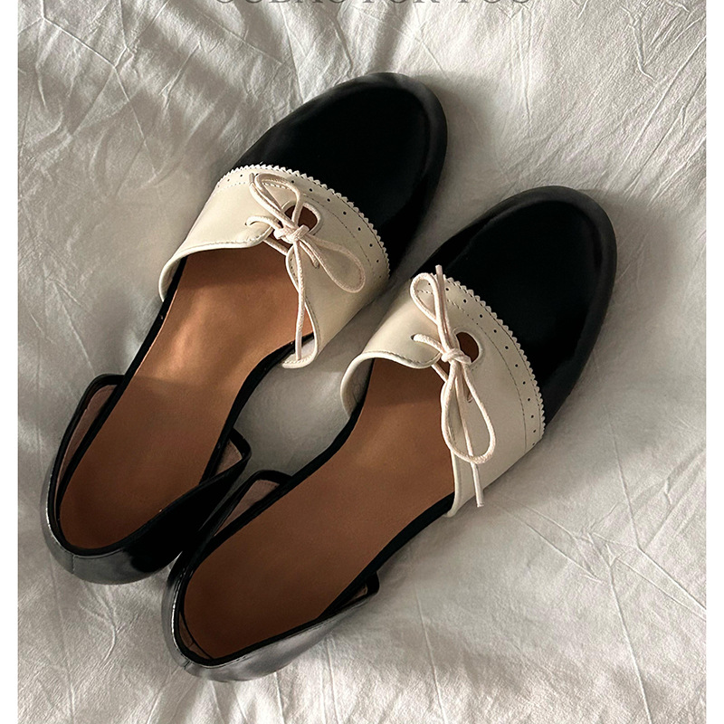 Cowhide version ~ Japanese retro shallow mouth Mary Jane shoes women's literary color blocking lace-up flat shoes comfortable small leather shoes