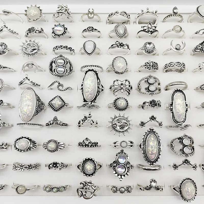 50pcsLot Wholesale Big Opal Carved Finger Rings for Women Party Beauty Crystal Flower Moon Sun Skull Crown Bar Jewelry 251031