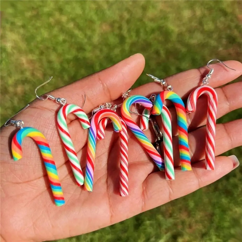 Colorful Stripes Christmas Earrings Santa Jewelly Candy Cane Christmas Pendant Earrings Simple Style Christmas Hook Earrings 251031