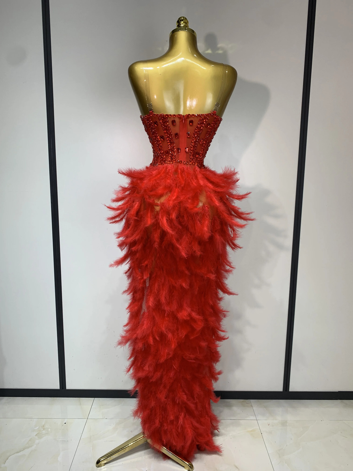 Sparkly Rhinestone Feather Mesh Long Dress Women Sexy Elegant Evening Party Birthday Po Shoot Performance Costume 251028