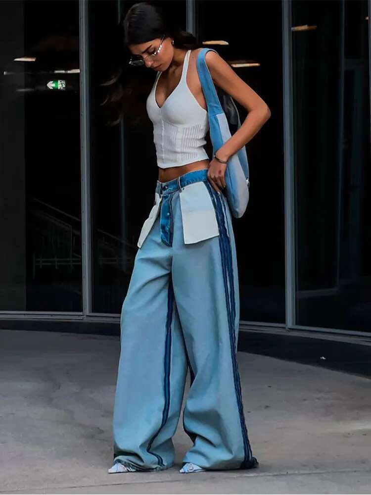 Vintage Patchwork Women Denim Pants Low Rise Baggy Wide Leg Jeans Distressed Dragging Trousers High Street Hip Hop Casual Pant