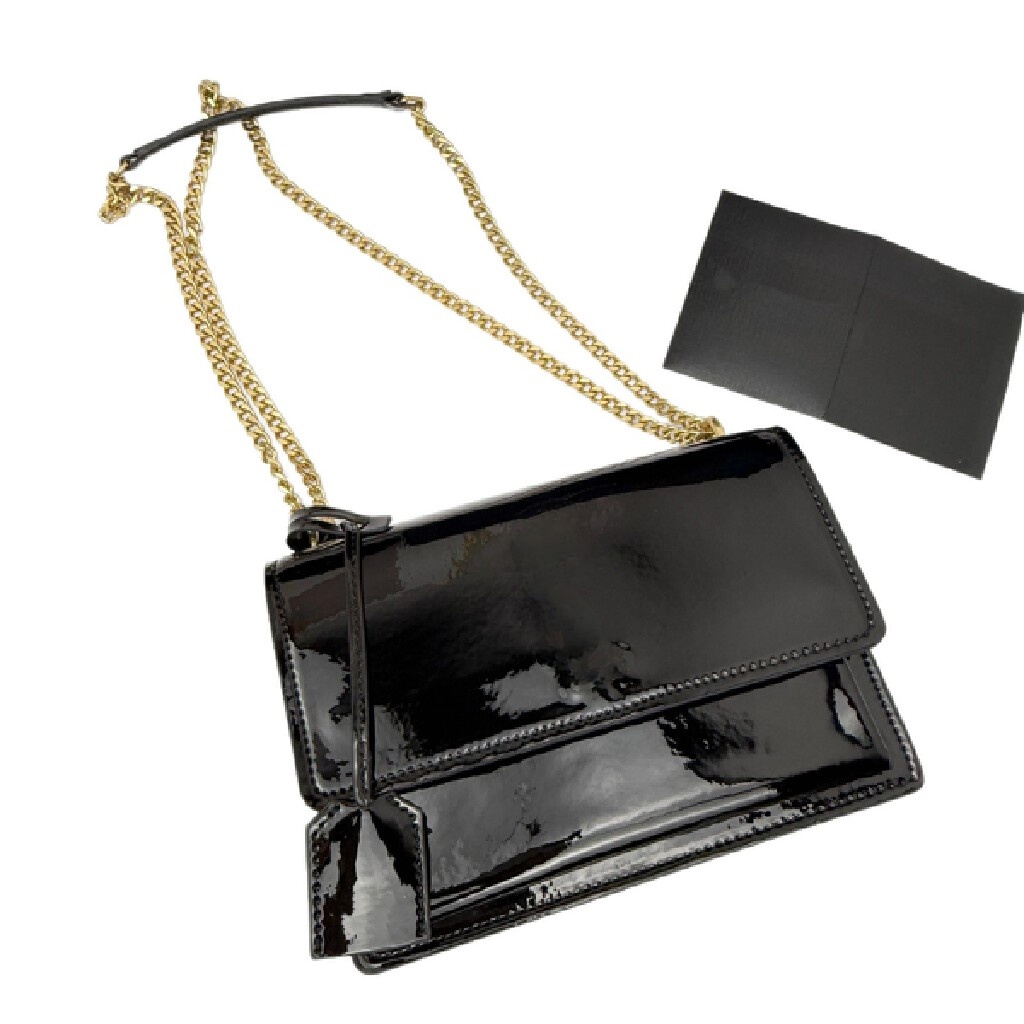 New chain patent leather sunset bag, small square bag, letter crossbody bag