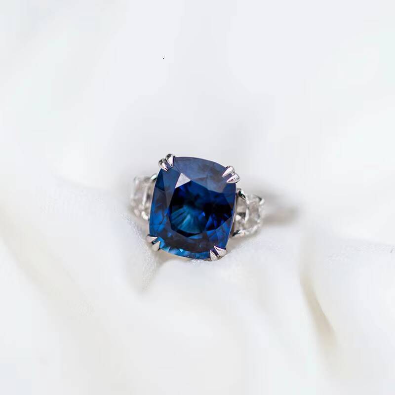Luster Trilogy Style Three Stone Design 10k 14k 18k Gold Blue 810mm Cushion Lab Grown Blue Sapphire Ring