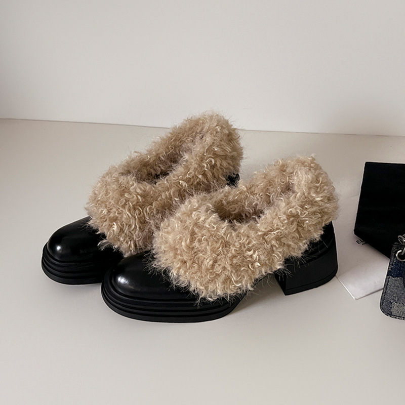 Cowhide version ~ square toe plush Mary Jane single shoes women's winter new pump-mouth thick-heeled sweet leather shoes