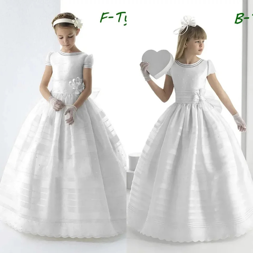 First Communion Gowns White Satin Flower Girl Dress Short sleeves With Bow Little Princess Kids Birthday Evening Pageant Dresses 251028