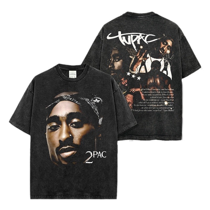 American tupac printed short sleeved t-shirt Vintage loose round neck hooded sweatshirt for men and women