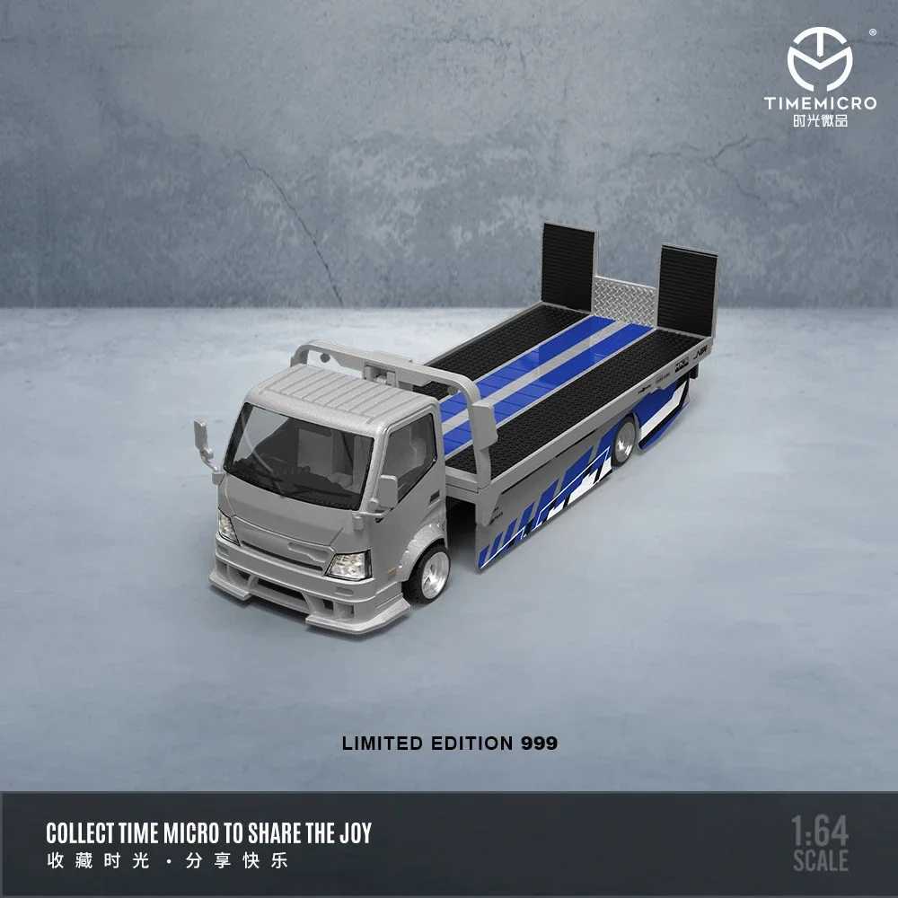 TimeMicro 1 64 H300 transport trailer and GTR35 silver and blue painted alloy car models for collection display and gifting X250402