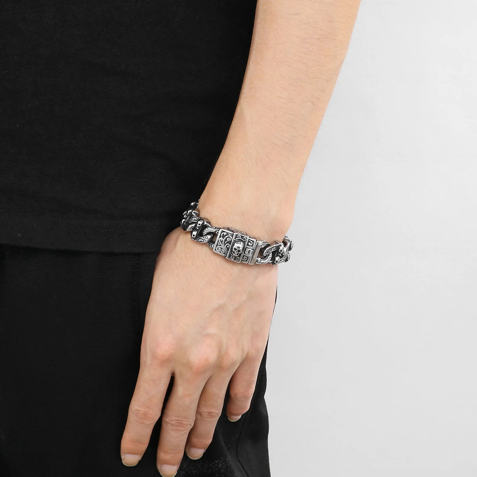 15mm Skull Bone Charm Link Chain Bracelet For Men 316L Stainless Steel Punk Jewelry 251028