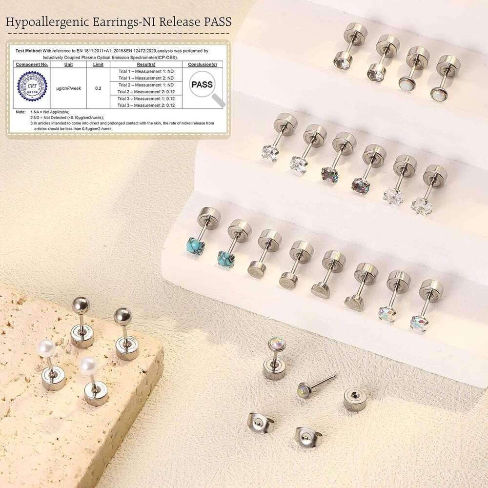 20G Push-in Threadless Flat Back Women Mens Surgical Steel Stud Earrings for Sensitive Ears, 14K Gold Plated Pearl Opal Ball Heart CZ Cartilage Earrin