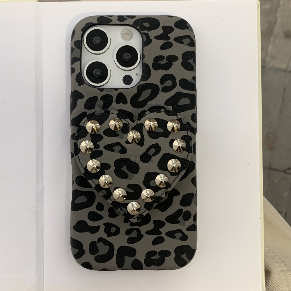Leopard Print Rivet Heart Stand Phone Case Compatible with iPhone 17/16/15 Simple Shockproof iPhone 14 Cartoon 13