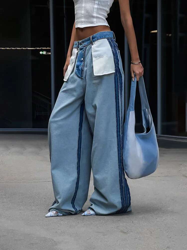 Vintage Patchwork Women Denim Pants Low Rise Baggy Wide Leg Jeans Distressed Dragging Trousers High Street Hip Hop Casual Pant