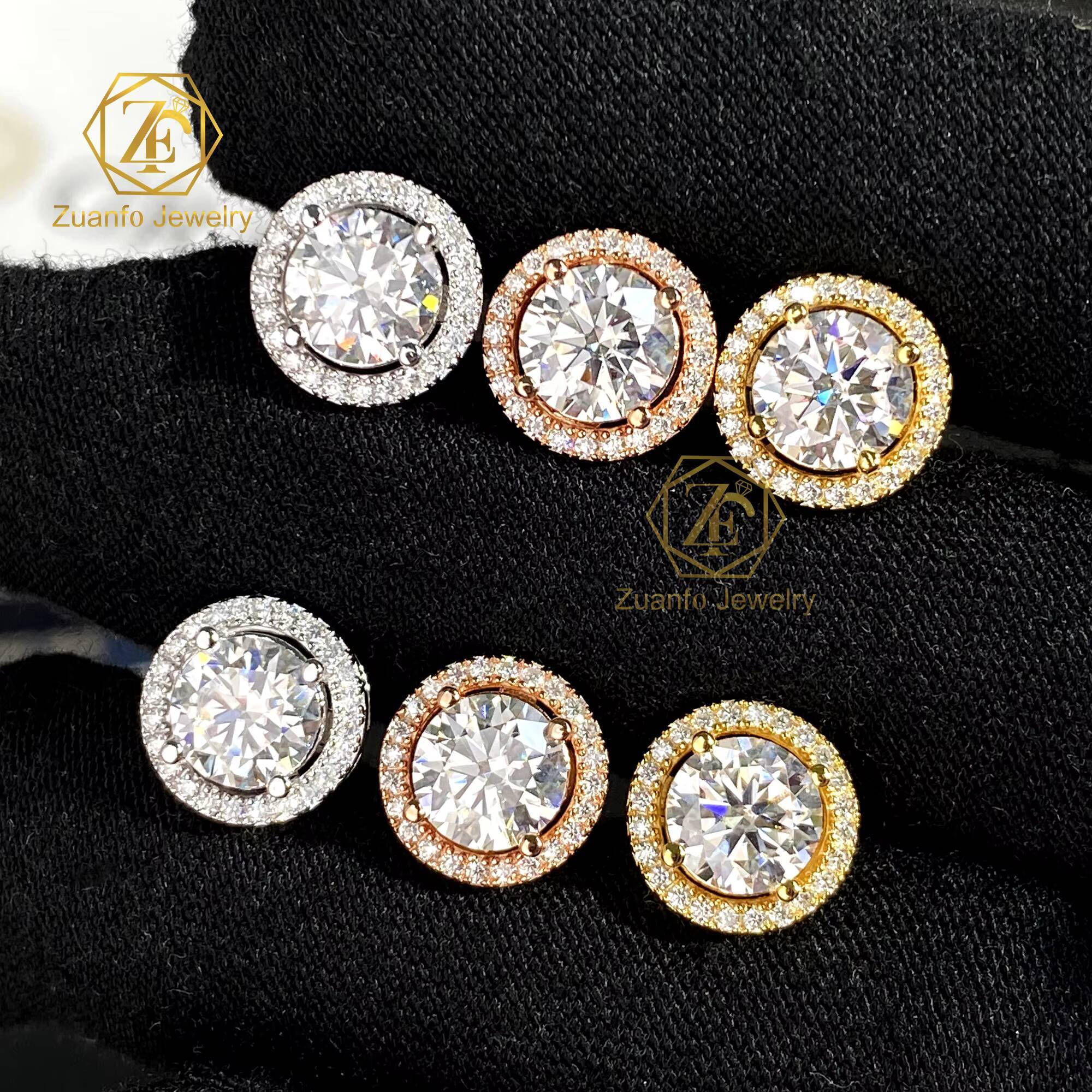 Factory Cheap Price Man Made 925 Sterling Silver 18K Gold Plated 65mm 1CT 2CT D VVS1 GRA Round Halo Moissanite Diamond Earrings