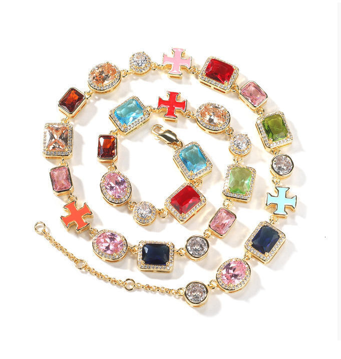 trend 6mm Oil Drip Cross Necklace Geometric Design Iced Out Colorful CZ Stones Hip Hop Fine Jewelry Chain