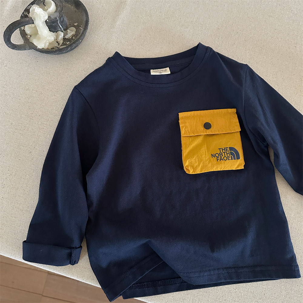 kids designer clothes 2025 New Kids Long Sleeve T-Shirt, 100% Cotton Solid Color Top with Pocket, Spring Autumn Casual Base Layer for Boys and Girls