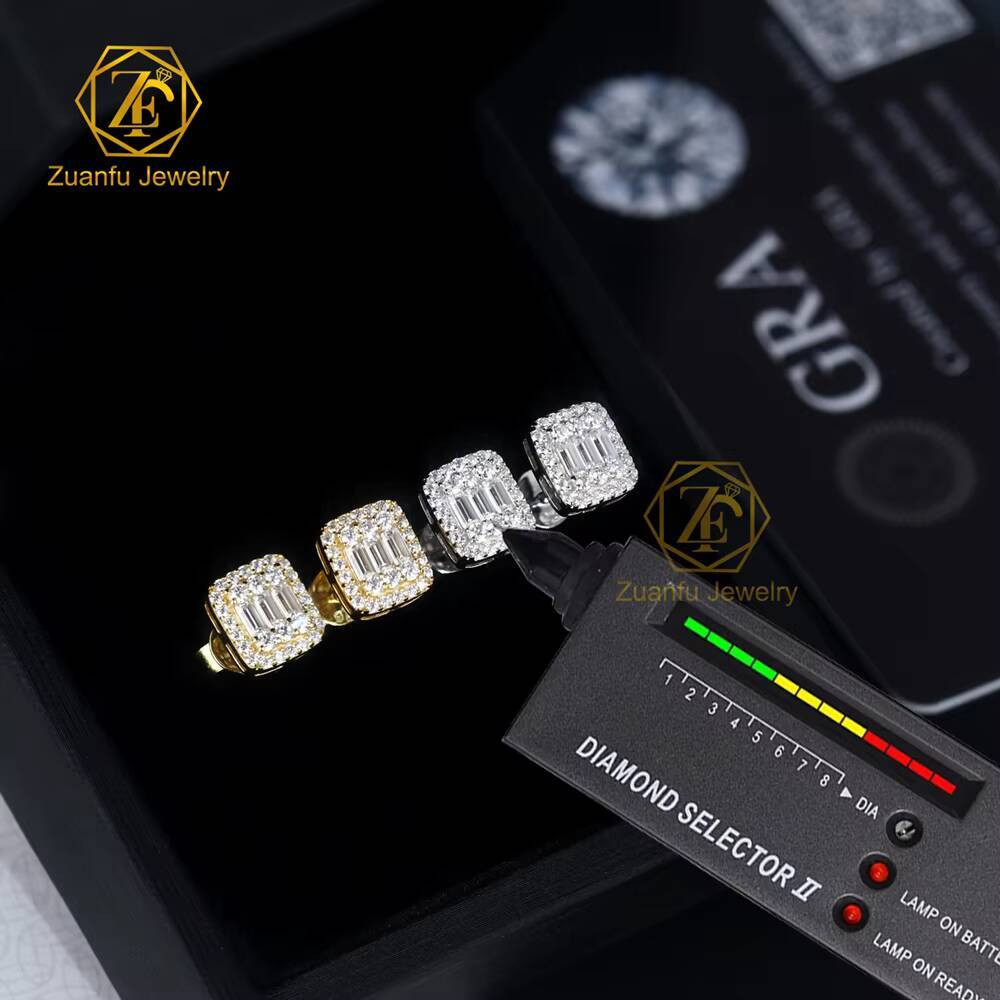 Hot Sale Luxury Moissanite Stud Earrings Men Women 925 Silver Hiphop Jewelry D VVS Baguette Moissanite Cluster Diamond Earrings