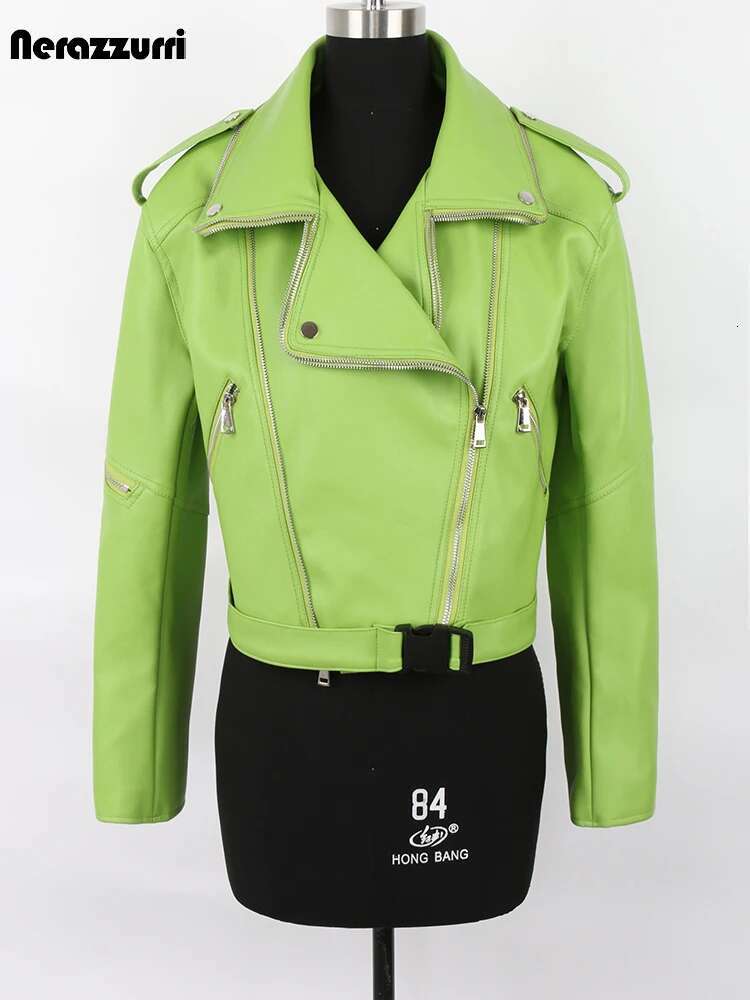 Nerazzurri Spring Autumn Colored Green Black Short Leather Biker Jacket Women Zipper Cool Designer Clothes Fashion 2022
