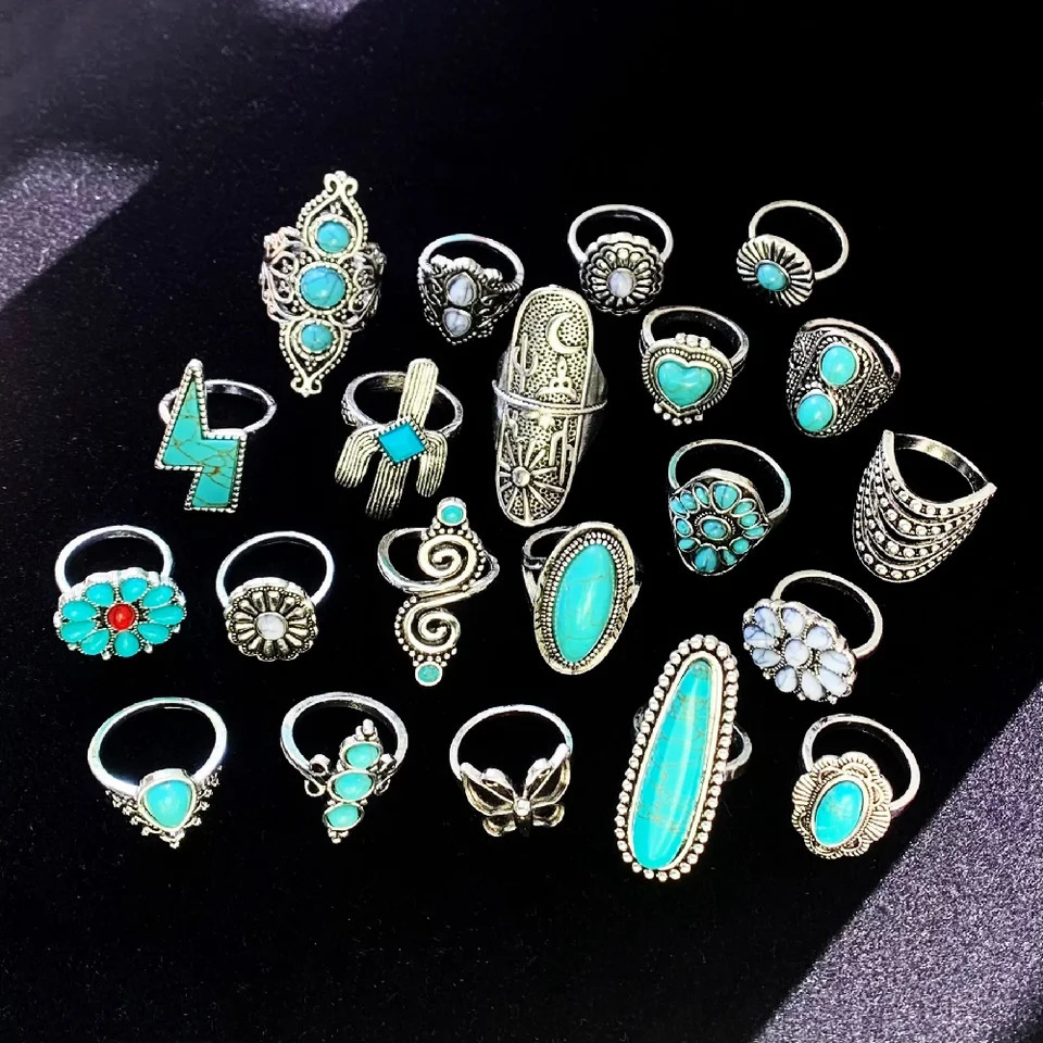 20Pcs Bohemia Turquoise Stone Rings For Women Men Mix Style Vintage Fashion Jewelry Party Gifts Wholesale 251031