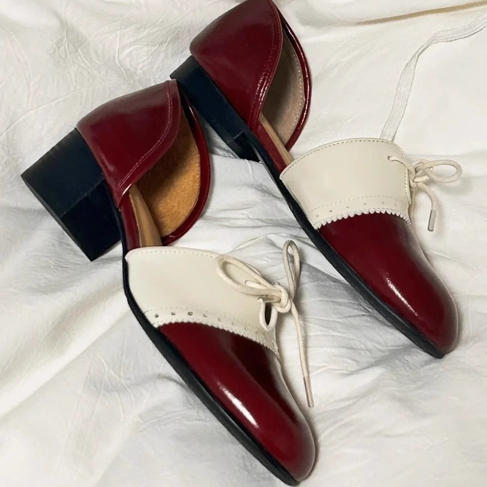 Cowhide version ~ Japanese retro shallow mouth Mary Jane shoes women's literary color blocking lace-up flat shoes comfortable small leather shoes