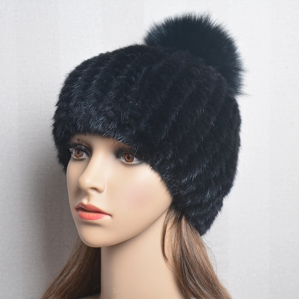 Winter Women Natural Mink Fur Hat Hand Knitted Warm 100 Genuine Mink Fur Cap Russia Lady Real Mink Fur And Fox Fur Pompoms Hats 251028ww
