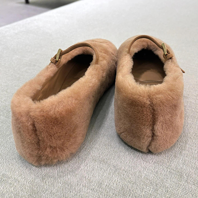 2025 Sheepskin version ~ triangle label new leather Mary Jane flat ballerinas with buckle strap shallow wool shoes