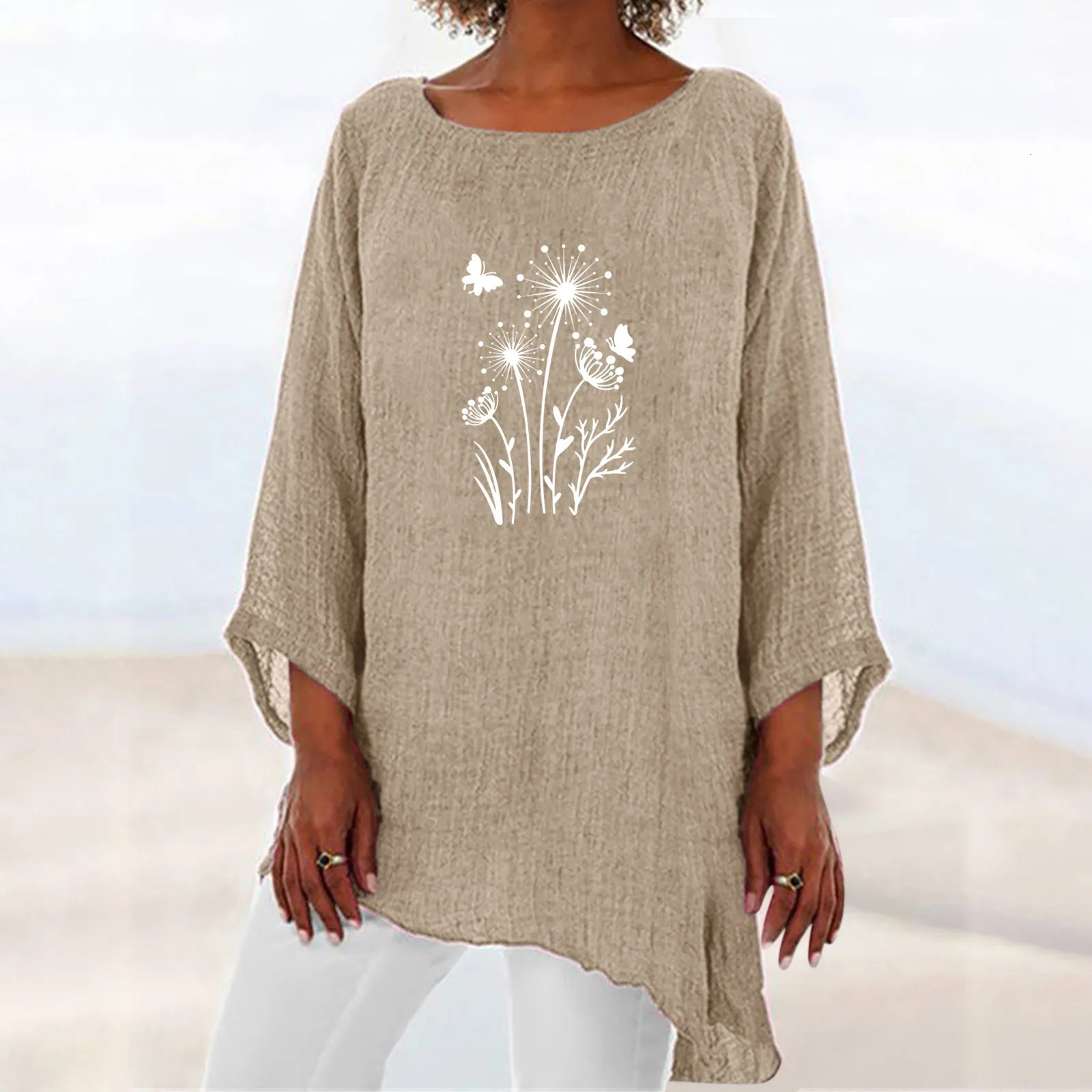 Summer shirt womens plus size dandelion third quarter sleeve cotton linen top oversized womens top summer tuning 250318