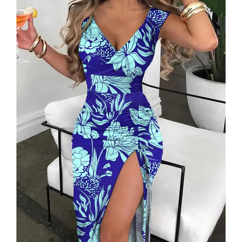 Fashionable and sexy summer sleeveless floral dress Midi dress womens high seam deep Vneck ultrathin holiday elegant party dress 250324