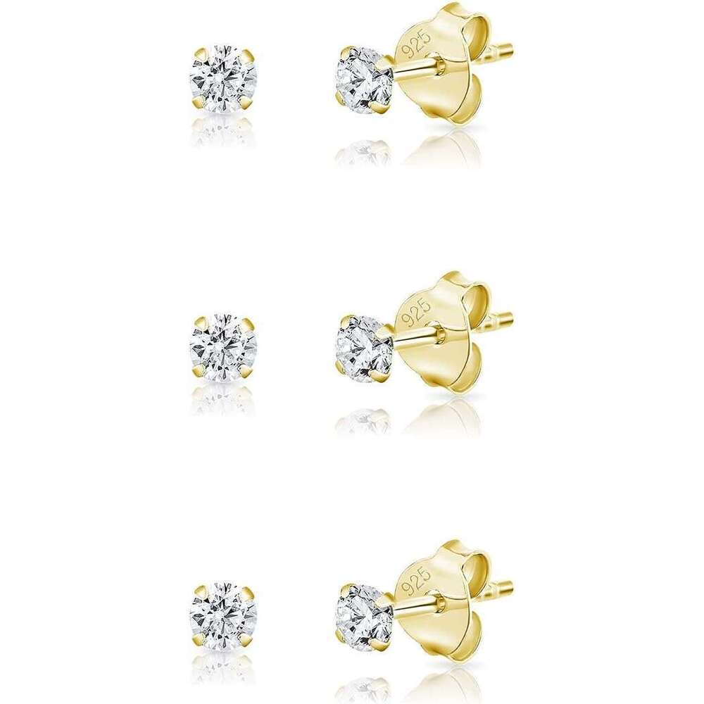 Set 3 PAIRS of Sterg Sier Studs with Cubic Zirconia Crystal CZ Plated Rose Gold Earrings Tiny Clear Stud - Dia Earring for Men and Women 2, 3, 4, 5 mm