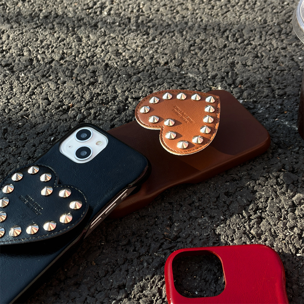 Cowhide Texture Heart Stand iPhone 17/16/15 Pro Max Solid Color Phone Case Compatible with iPhone 14/13/12