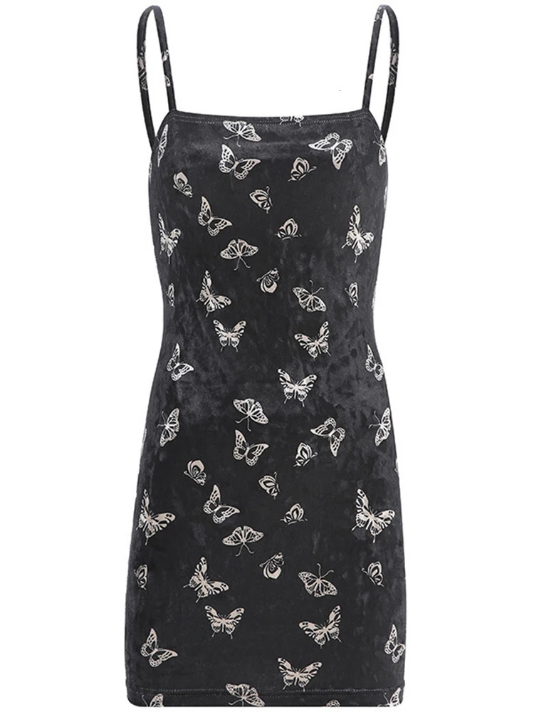 Harajuku black dress Gothic spaghetti strap strapless fashionable casual printed sexy 250402m