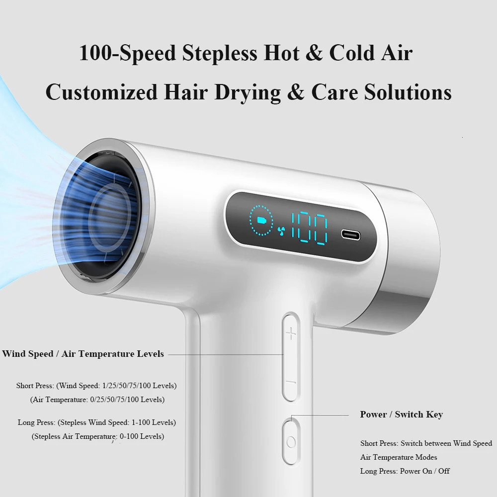 Wireless Hair Dryer 100000RPM Strong Wind and Cold Air Styling Tool Temperature Control Protection 18W Fast Charging 251030