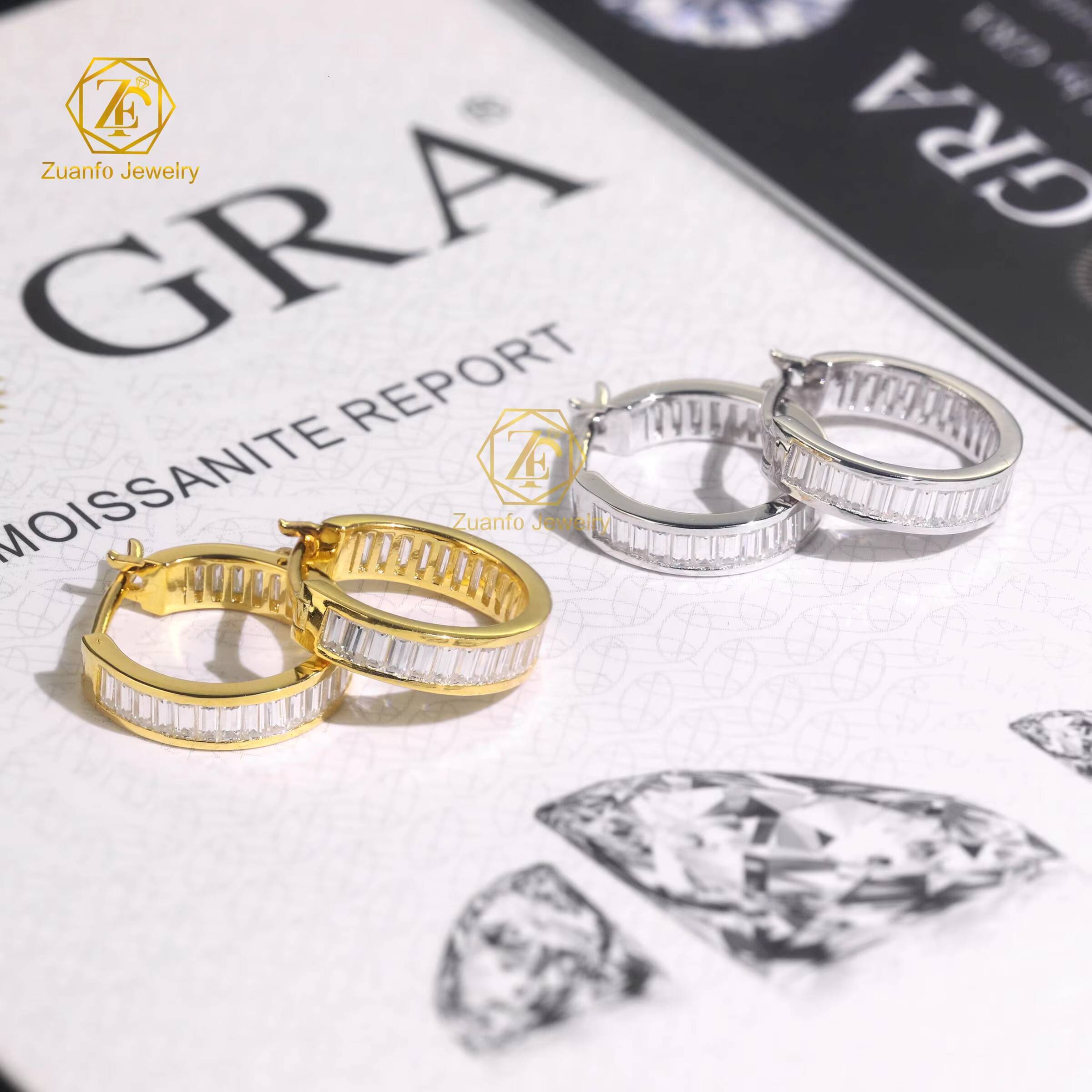925 Silver Hoop Earring Iced Out D VVS Baguette Cut Shape Bezel Setting Men Moissanite Earrings