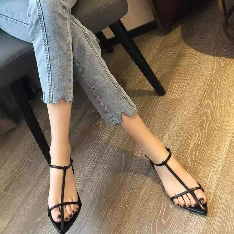 New Designer Sandals With Free Shipping 2025 Summer Korean Version Pointed Bottomed Sandals With A Slim Flat Heel Cross Buckle Strap Roman Women'