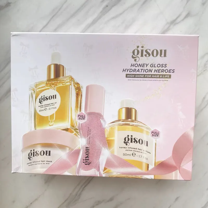 Gisou Honey Infused Hair Perfume 50 ml Huile de cheveux 20 ml Masque capillaire 75 ml Huile à lèvres 8 ml 4 en 1 Set Mist Shine Bondage Huile Hil