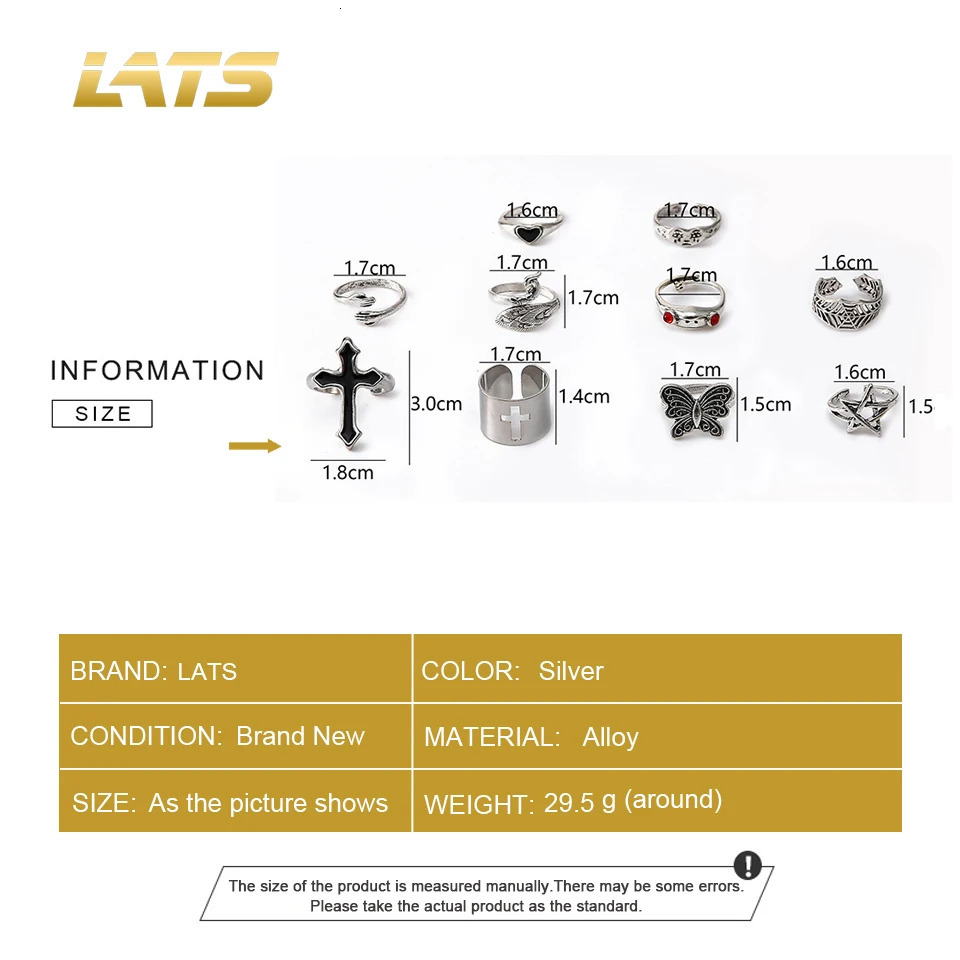 LATS Vintage Silver Plated Cross Ring for Women Gothic Punk Steampunk Crying Face Butterfly Frog Ring Sets Party Fashion Jewelry 251031