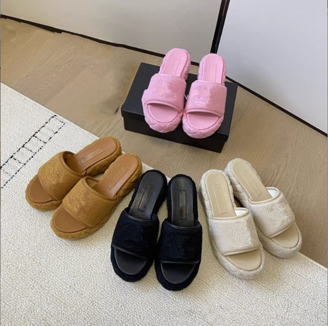 Women Platform Tweed Chunky Block Heels Platform Wedges Sandals Slippers Woman Sexy Super High Designer Female heel Sandals Slide Knitted slippers