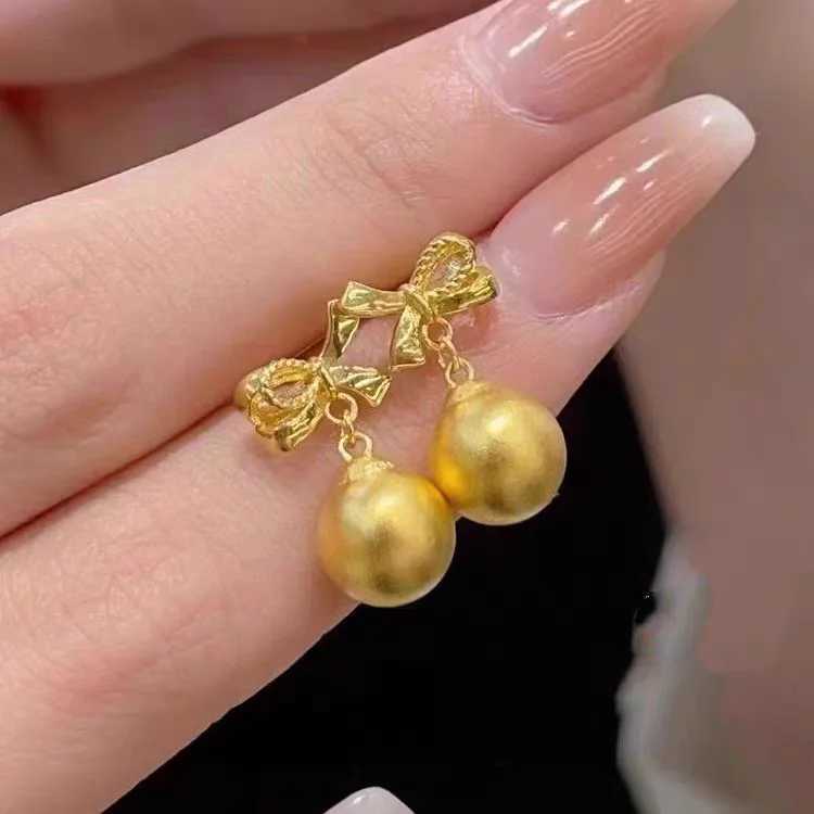 24K gold AU999 bow brush spherical stud earrings hand polished luxury earrings birthday gift with gift box Y250401