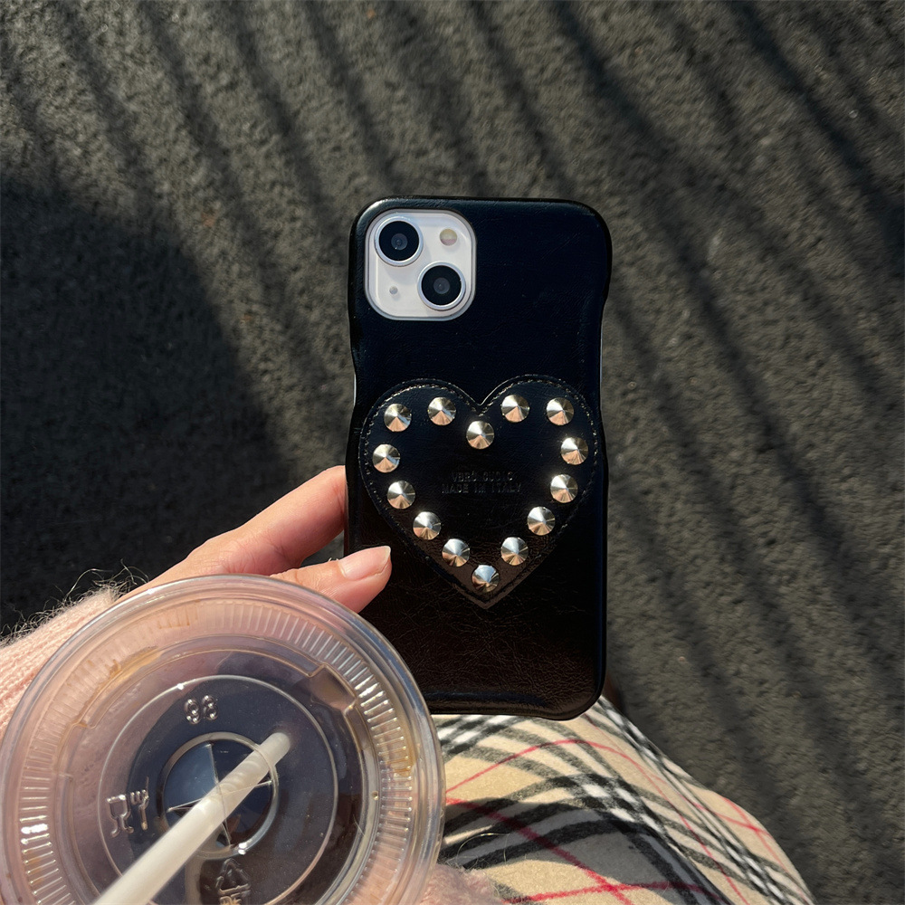Cowhide Texture Heart Stand iPhone 17/16/15 Pro Max Solid Color Phone Case Compatible with iPhone 14/13/12