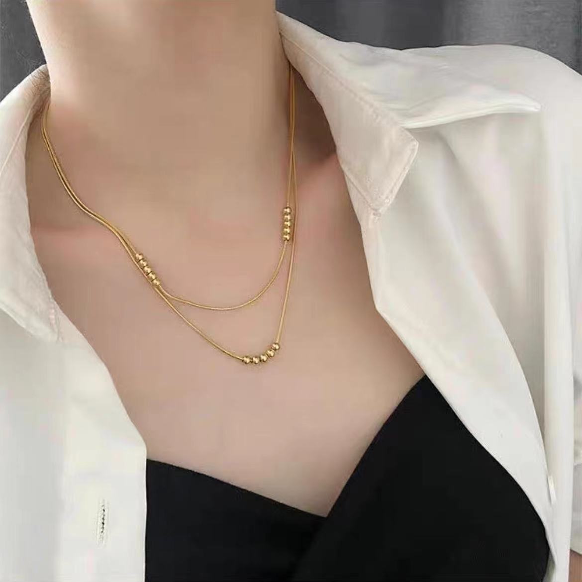 Modern Stackable Beaded Choker with Dual Layers of Elegance Stainless Steel Women's Neckwear