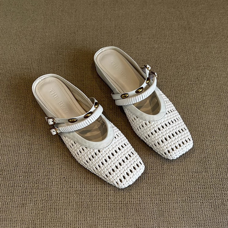 Sheepskin version ~ French hollow woven sandals women's outer penetration breathable toe half slippers small heightened sandals