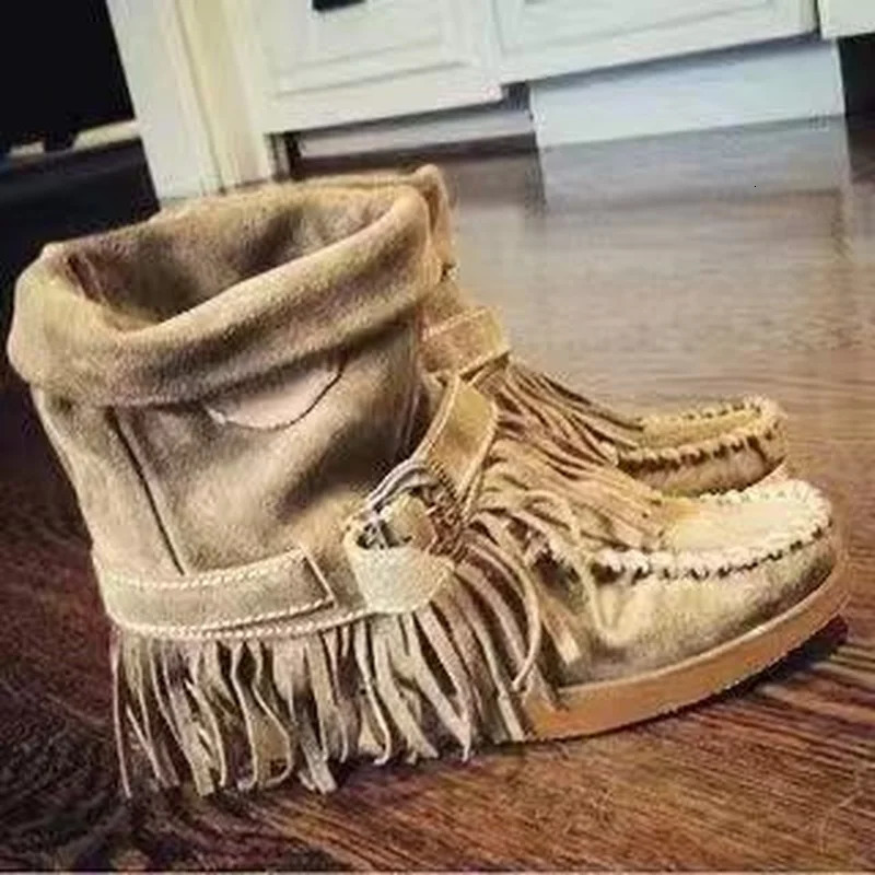 Women Ankle Boots Ladies Suede Shoes Tassel Single Boots Pop Silpon Boho Boots Women Flat Shoes Cowboy Shoes Short Boots 251030