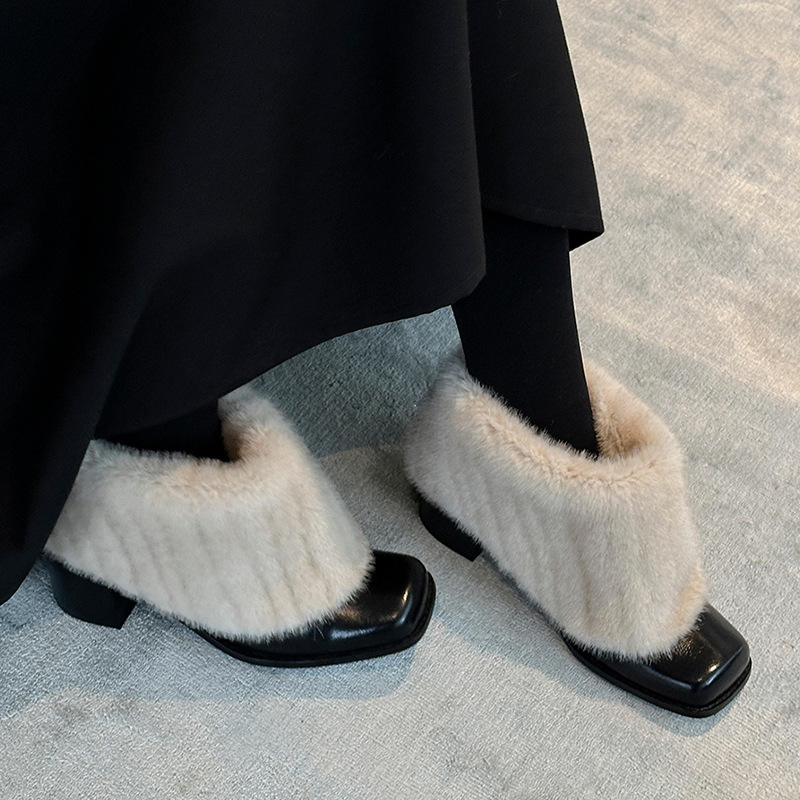 2025 Cowhide version ~ square toe high heel wool boots plush warm retro boots plush snow boots women's versatile cotton shoes